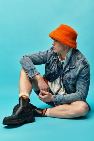 A handsome young man sits comfortably on the floor, showcasing his stylish outfit and vibrant hat.の写真素材