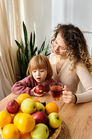 Curly-haired mother and daughter share moments while enjoying tea and fresh fruit at home.の写真素材