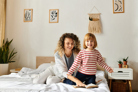 A mother and her young daughter share a joyful moment reading together in a cozy room.の写真素材