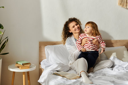 Curly-haired mother cherishes playful moments with her daughter in a warm, inviting bedroom.の写真素材