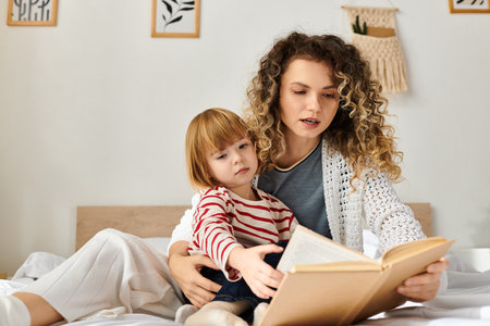 Curly-haired mother and her daughter share a delightful reading moment at home, enveloped in warmth.の写真素材