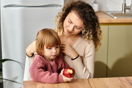 Curly mother and daughter share a tender moment while enjoying an apple at home.の写真素材