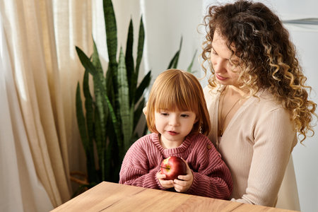 A mother with curly hair enjoys quality time with her daughter, fostering love and connection.の写真素材