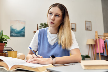 Teenage girl is focused on her studies at home, surrounded by her favorite items in a cozy room.