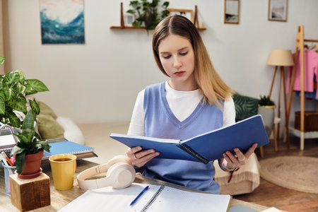 A teenager immersed in her studies at home, surrounded by plants and a vibrant atmosphere.