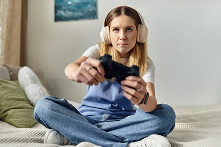 A pretty teenage girl sits cross-legged on her bed, fully focused on gaming, wearing headphones.