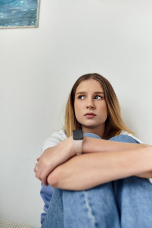 A pretty teenage girl sits thoughtfully in her room, embracing youth and personal style.の写真素材