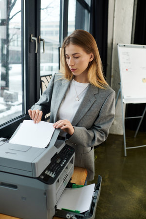 Stylish young woman uses a printer in an office with big windows and snowy scenery outside.の写真素材