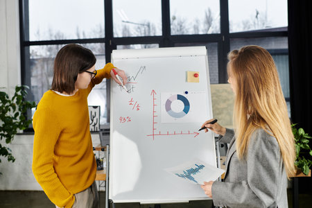 Two young colleagues discuss a business graph and share ideas in a stylish workspace.の写真素材