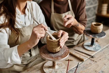In a cozy pottery studio, a mature couple joyfully shapes clay together, sharing quality time.の写真素材