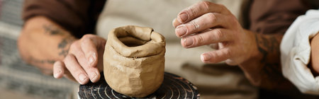 Mature man enjoys a pottery class, shaping clay and spending quality time in workshop, bannerの写真素材