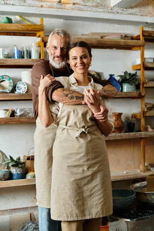 A beautiful mature couple enjoys quality time together in a pottery class.