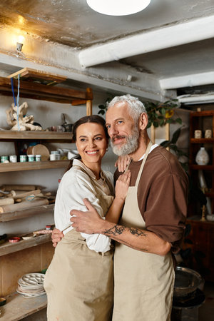 A beautiful mature couple shares quality time at a pottery classの写真素材