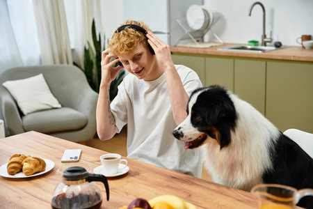 A young man with red hair shares breakfast at home with his playful Australian Shepherd dog.の写真素材