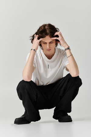 A handsome young man crouches thoughtfully, dressed in casual attire, reflecting a stylish vibe.