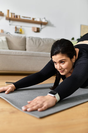 A young plus sized woman stretches on a yoga mat, promoting body positivity and self care.
