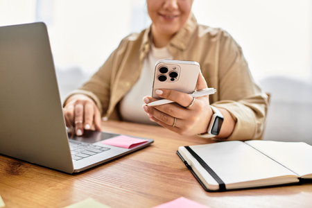 Young woman uses her smartphone and laptop in a bright, productive workspace.の写真素材
