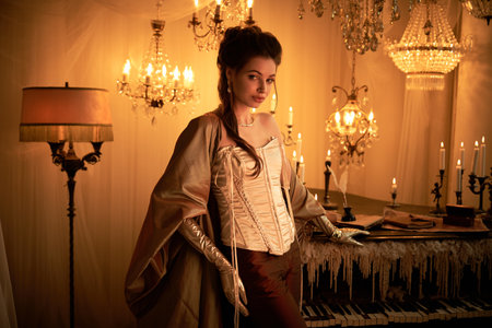 A young woman embraces her vampire persona in a lavishly lit room with chandeliers.のeditorial素材