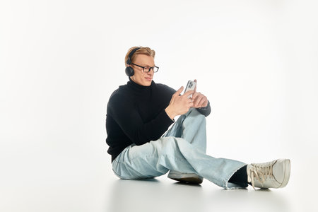 A young handsome man sits cross legged, engaged with his smartphone while wearing headphones.の写真素材