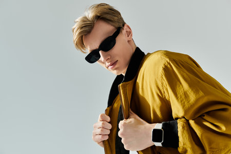 Young man showcases fashion forward style in luxurious attire with a relaxed yet confident demeanor.