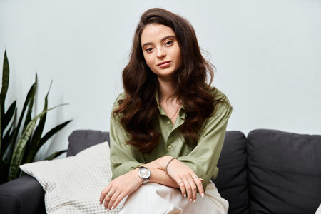 A stylish young woman relaxes on a couch, radiating confidence and elegance.の写真素材