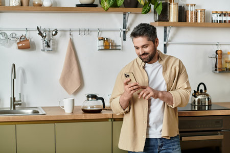 Handsome man enjoys his time in a modern kitchen, scrolling through his smartphone with a smile.のeditorial素材