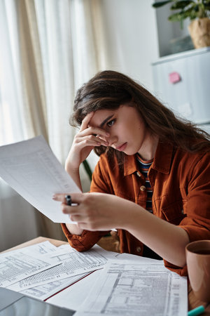 A woman sits at a table, struggling with emotions as she examines important documents.のeditorial素材