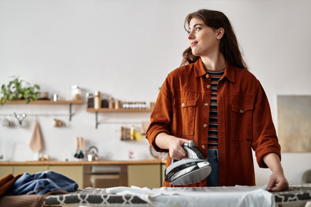 In a calm space, a woman irons clothes, reflecting her inner battle with depression.のeditorial素材