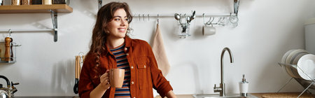 In a cozy kitchen, a woman holds a warm drink, reflecting on her feelings and experiences.
