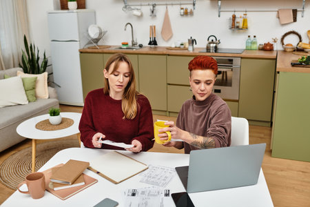 Two beautiful women share working time at home, surrounded by modern decor and love.の写真素材