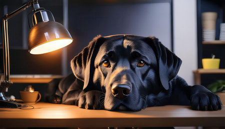 A playful dog rests its chin on a colorful desk lit by warm light..の素材