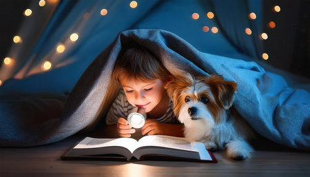 A child reads a book with a flashlight beside a cuddly pet in a warm, inviting atmosphere..の素材