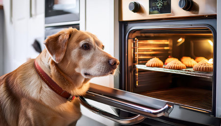 A playful dog watches freshly baked cookies in a warm, cozy kitchen..の素材