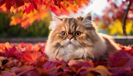 A fluffy Persian cat relaxes amidst a blanket of vivid autumn foliage under the warm sunlight..の素材