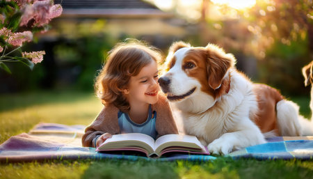 A child shares a delightful reading moment with a loving dog on a sunny afternoon..の素材