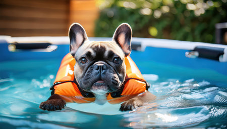 A playful dog splashes joyfully in a pool, secured in a bright life jacket..の素材