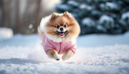 A happy Pomeranian leaps through fresh snow, its bright coat glowing in the winter..の素材