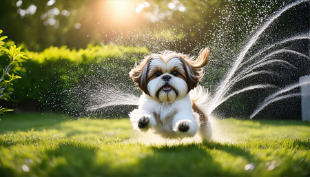 A lively dog joyfully jumps through a spray of water in a lush green garden at sunset..の素材