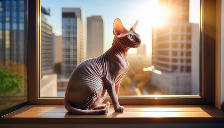 A sphynx cat sits gracefully on a windowsill, gazing at the vivid sunset over the city skyline..の素材