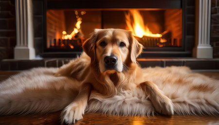 A golden retriever relaxes on soft fur while the warm glow of a fireplace creates a cozy atmosphere..の素材