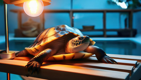 A vibrant tortoise enjoys a warm glow from a nearby lamp in its inviting environment..の素材