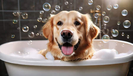A cheerful golden retriever relaxes in a bubble filled tub while playfully enjoying bath time..の素材