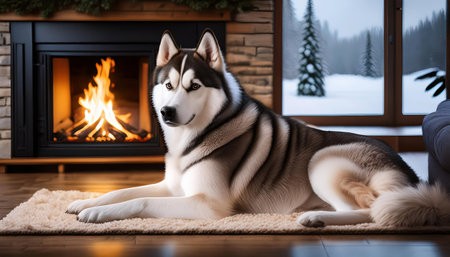 A playful husky rests comfortably on a soft rug next to a warm fireplace while snow falls outside..の素材