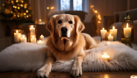 A golden retriever sleeps peacefully surrounded by flickering candlelight and festive decor..の素材