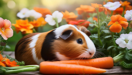 A charming guinea pig happily lounges among bright flowers and fresh carrots in a garden..の素材