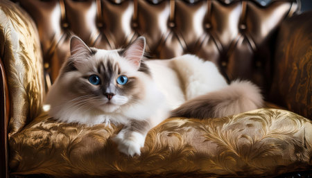 A charming cat with striking blue eyes relaxes on a luxurious sofa adorned with intricate patterns..の素材