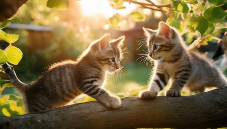 Two adorable kittens delight in their playful exploration on a sunlit branch surrounded by greenery..の素材