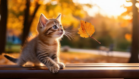 A playful kitten is mesmerized by a floating autumn leaf in a scenic park bathed in warm light..の素材