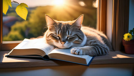 A cozy cat naps peacefully with its head on an open book, basking in warm sunlight..の素材