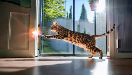 A lively cat leaps toward a colorful light beam in a sunlit space, showcasing its playful spirit.の素材